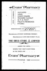Evans' Pharmacy ad from the 1905 Anderson City directory